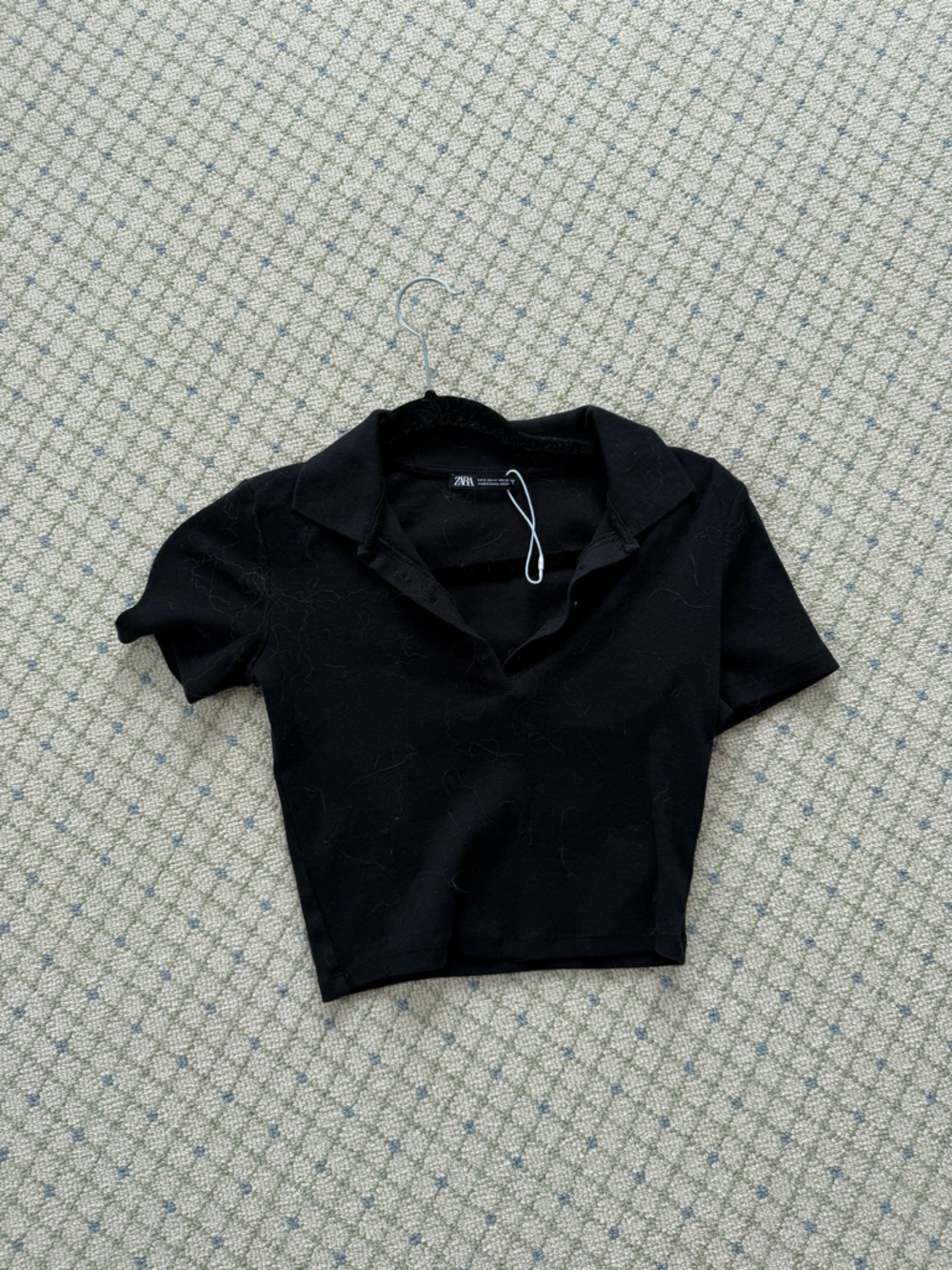 Zara Black Ribbed Polo Collar Crop Top